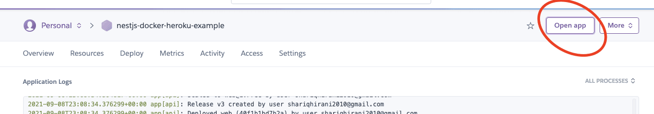 heroku dashboard open app button